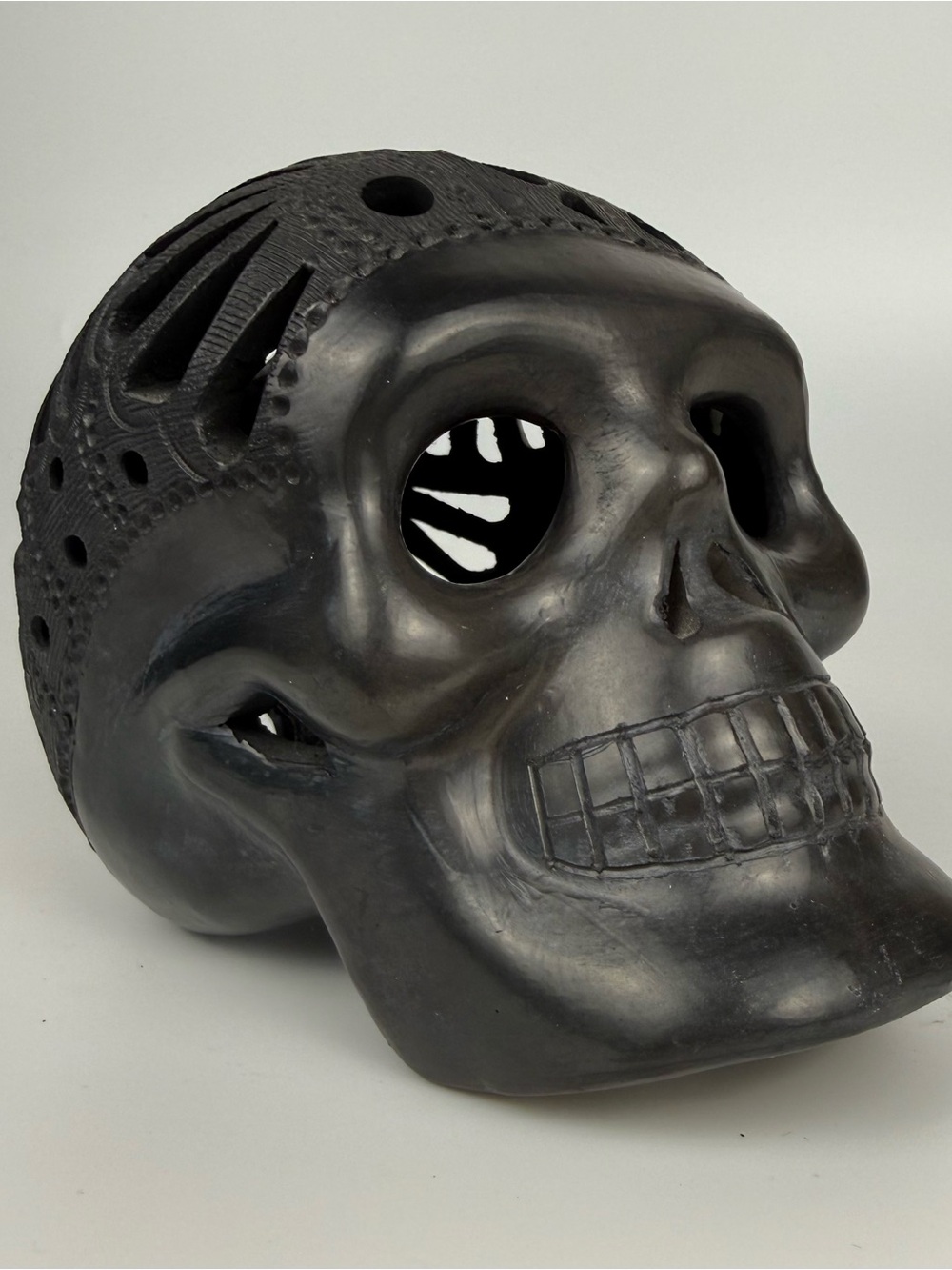 Sugar Skull Oaxaca Carved Black Clay Pottery Mexico Barro Dia de Los Muertos